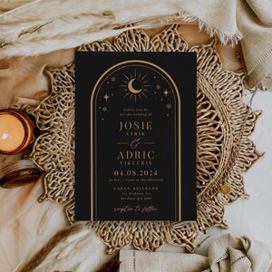 celestial wedding invitation template featuring eclipse sun moon and stars