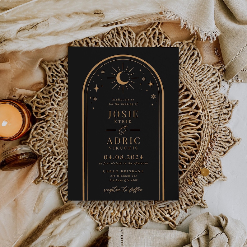 celestial wedding invitation template featuring eclipse sun moon and stars