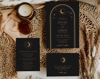 Eclipse Celestial Wedding Invitation Suite | Sun Moon Wedding Invite Set | Editable Corjl Template