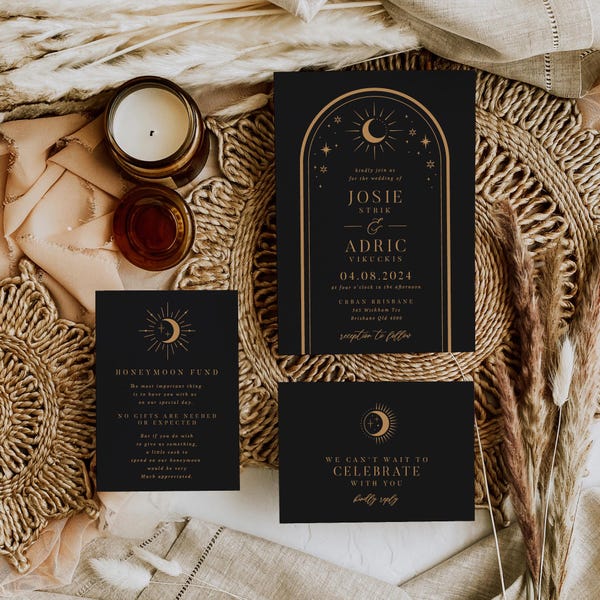 Suite de faire-part de mariage céleste Eclipse | Ensemble d'invitation de mariage soleil lune | Modèle Corjl modifiable
