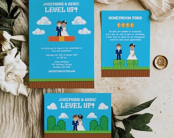 Gamer Retro 8-Bit Wedding Invitation Suite Editable Template