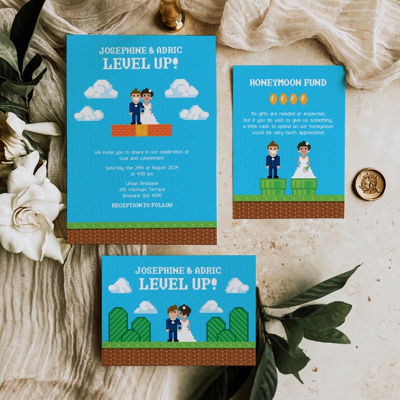 Gamer Retro 8-Bit Wedding Invitation Suite Editable Template image 1