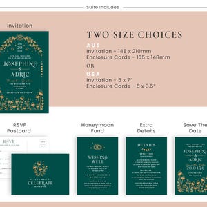 May include: A wedding invitation suite with a dark teal and gold design. The suite includes an invitation, RSVP postcard, honeymoon fund card, details card, and a save-the-date card. The invitation is 5 x 7 inches.