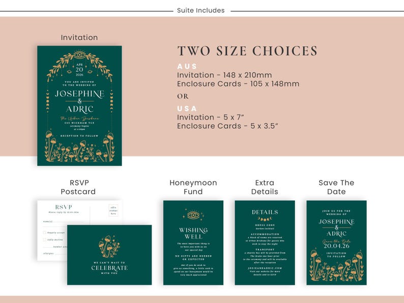 May include: A wedding invitation suite with a dark teal and gold design. The suite includes an invitation, RSVP postcard, honeymoon fund card, details card, and a save-the-date card. The invitation is 5 x 7 inches.