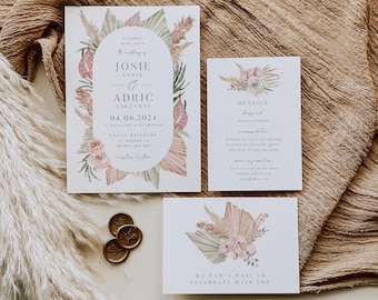 Pampas Grass Wedding Invitation Suite | Boho Dried Palm Wedding Invite Set | Editable Corjl Template