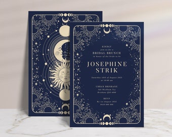 May include: A navy blue bridal shower invitation with gold celestial illustrations of the sun, moon, and stars. The text reads "Kindly join us for a Bridal Brunch in honor of the bride to be Josephine Strik. Saturday 15th of August 2022 at 11:00 am. Urban Brisbane 345 Wickham Tce Brisbane Qld 4000. RSVP by 1st August 2022 0410 000 000."