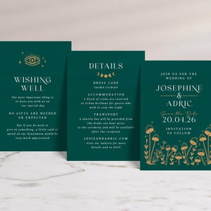 May include: Three dark green wedding stationery cards with gold accents. The cards include details about the wedding, a wishing well message, and a save-the-date announcement with the names Josephine & Adric and the date 20.04.26.
