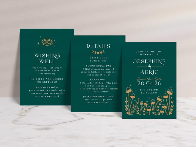 May include: Three dark green wedding stationery cards with gold accents. The cards include details about the wedding, a wishing well message, and a save-the-date announcement with the names Josephine & Adric and the date 20.04.26.