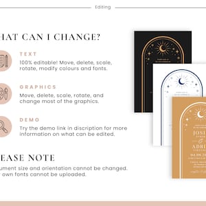 Puede incluir: Una plantilla digital para una invitaci&oacute;n de boda con un tema celestial. La invitaci&oacute;n presenta una luna creciente, estrellas y un arco. El texto de la invitaci&oacute;n dice "Josie & Adric Fireckis 04.08.2024".