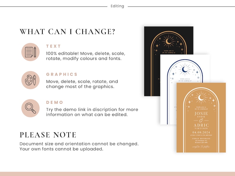 Puede incluir: Una plantilla digital para una invitaci&oacute;n de boda con un tema celestial. La invitaci&oacute;n presenta una luna creciente, estrellas y un arco. El texto de la invitaci&oacute;n dice "Josie & Adric Fireckis 04.08.2024".