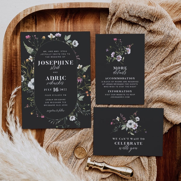 Dark Wildflower Wedding Invitation Suite Editable Template