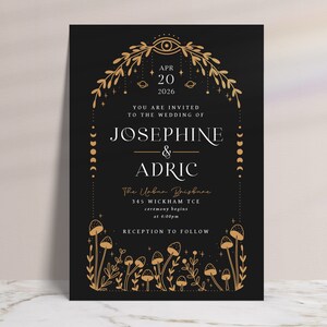 ystical woodland wedding invitation with celestial symbols and mushroom illustrations.