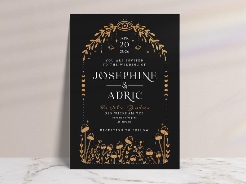 ystical woodland wedding invitation with celestial symbols and mushroom illustrations.