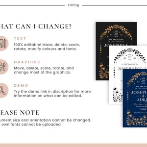 May include: An image showcasing wedding invitation designs in black, white, and navy blue. The invitations feature floral and celestial graphics, with text indicating the date and names. The image also includes text about editing options.