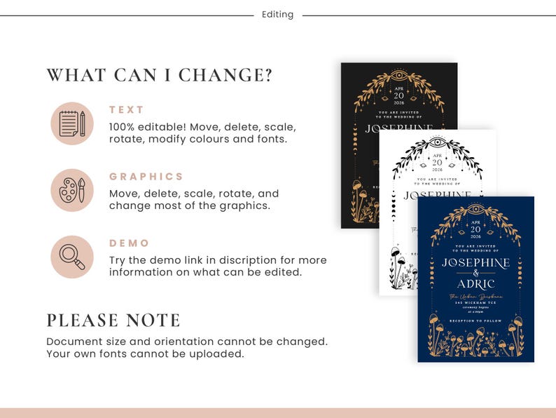 May include: An image showcasing wedding invitation designs in black, white, and navy blue. The invitations feature floral and celestial graphics, with text indicating the date and names. The image also includes text about editing options.
