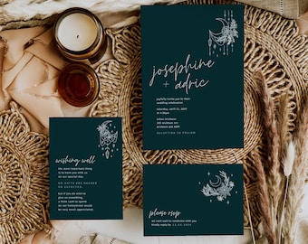 Moon Floral Celestial Wedding Invitation Suite | Mystical Wedding Invite Set | Editable Corjl Template