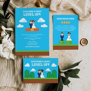 Conjunto de invitaciones de boda con temática de videojuegos retro / Conjunto de invitaciones de boda estilo arcade Level Up / Plantilla editable de Corjl
