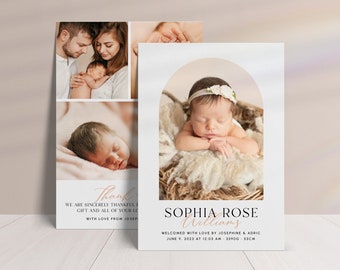 May include: A newborn baby girl named Sophia Rose Williams, wearing a white headband with flowers, is sleeping in a wicker basket. The photo is surrounded by a peach-colored arch. The text "Sophia Rose Williams" is written in a modern font with a pink heart symbol. The text "Welcomed with love by Josephine & Adric" is written below the name. The date and time of birth are listed as "June 9, 2023 at 12:03 AM - 3390g - 53cm".