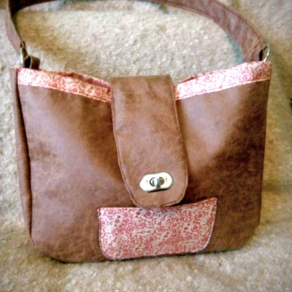 Large Brown Faux Leather Handbag with Pink Floral Print Lining with Interior and Exterior Pockets - Chic - Everyday - Business - Casual