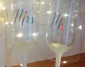 Personalised Glitter Champagne Glasses Set of Two - Mr and Mrs - His and Hers