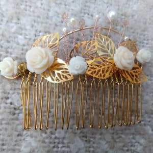 Gouden Filigree Bladeren en Ivoorhars Rose decoratieve haarkam voor bruidskleding - Prom - Avondkleding