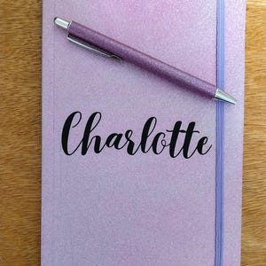 Personalised A5 Notebooks in Gold, Blue or Purple/Pink with Black Vinyl Lettering with free matching metal Pen