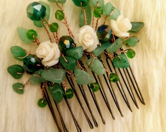 Grüne Aventurin, Kristall und Elfenbein Rose dekorative Kamm
