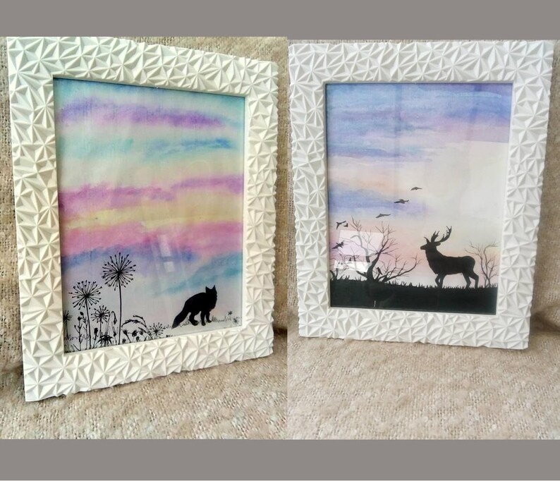 A4 Watercolour Paintings Fox at Sunrise Stag at Sunset Set of Two or buy Separately watercolour painting colourful animal image 1