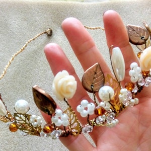 Bronze Leaf, Resin Rose and Crystal Decorated Hair Piece - Tiara - Circlet - Bridal - Prom
