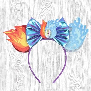 May include: A purple headband with a blue iridescent bow, a blue and white wave design, and a red and yellow flame design.