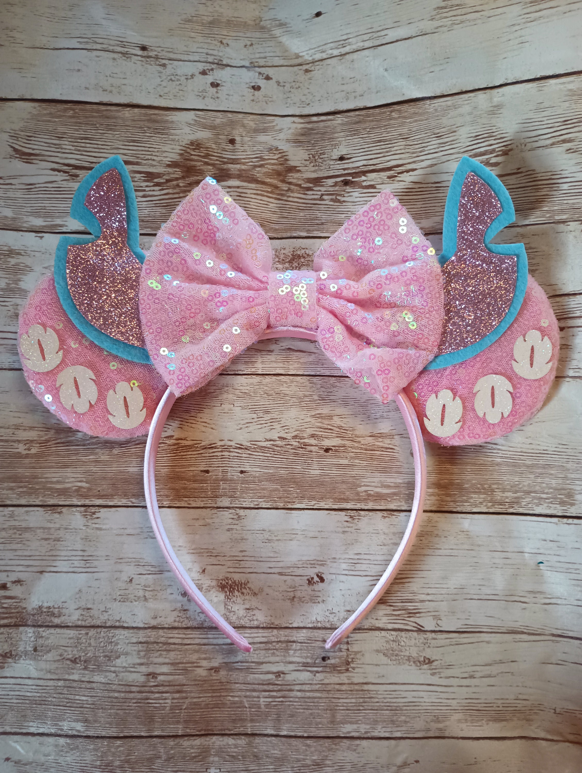 Glitter Stitch Holographic Inspired Minnie Mickey Ears headband,  Disneyland, Stitch Headband, Blue Alien, Sequin Bow, Lilo and Stitch Angel