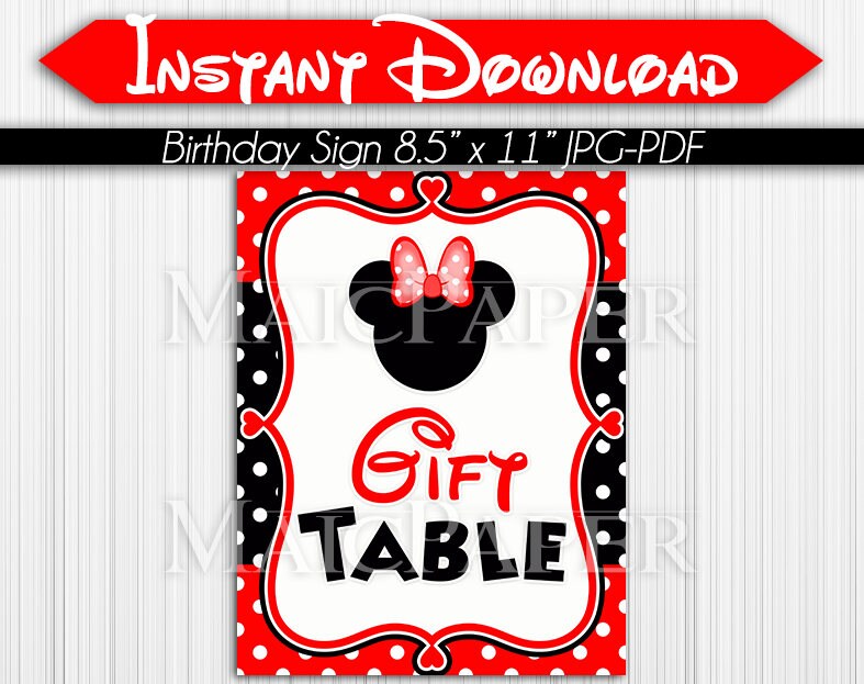Minnie Mouse Red Black Birthday Party Sign Gift Table 8.5