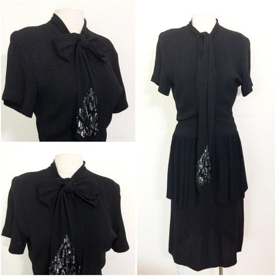 Original Vintage 1940s Black Crepe Peplum Dress, V
