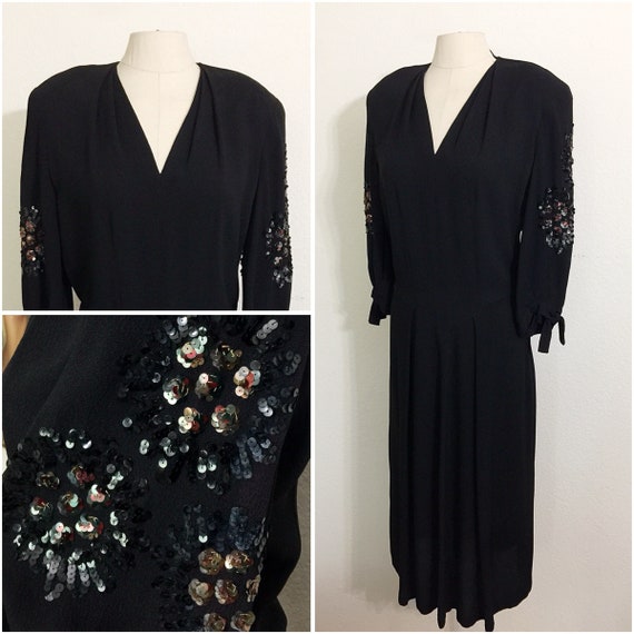 Original Vintage 1940s Black Crepe Sequined Cockta