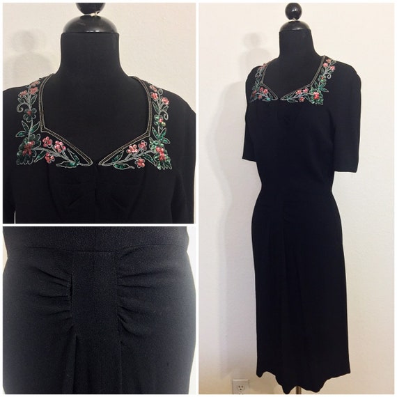 Original Vintage 1940s Black Crepe Beaded Dress, V