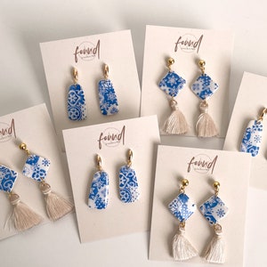 Blue and white tile Collection | Polymer Clay Earrings, Talavera, Santorini, Vacation Vibes, Tuscany Villa, Tile Earrings, Greece,