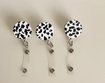 Cow Print Clay Badge Reel: Boho Nurse ID Clip