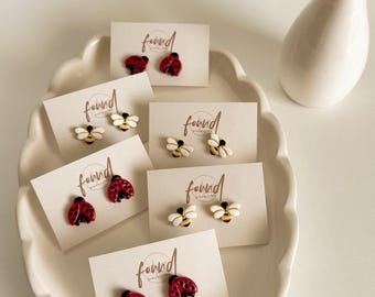 Bees and Ladybug Stud Earrings : Polymer Clay