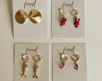 Golden Sea Life Earrings: 18k Gold Plated Charms, lobster, fish