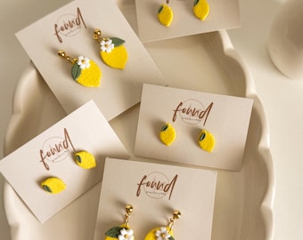 Lemon Earrings Studs and Dangles | Polymer Clay Earrings, Boho Fruit, citrus, flower, blossom