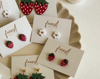 Strawberry Earrings Studs and Dangles | Polymer Clay Earrings, Boho Fruit, Berry, flower, blossom