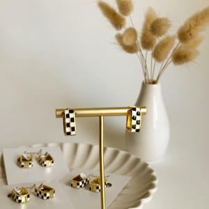 Asymmetrical Checkerboard Arch Earrings *MADE TO ORDER  Porcelain Checkerboard‎ Earrings with Gold Detail main image 1