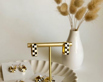 Gold Black and white Checkered Huggie Hoop Earrings | Gold Filled, hypoallergenic
