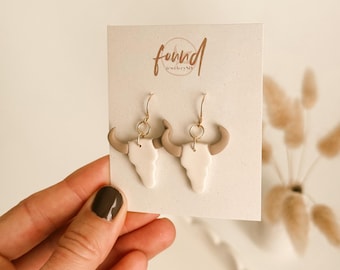 Clay Longhorn Bull Skull Dangle Earrings, Cowgirl Style