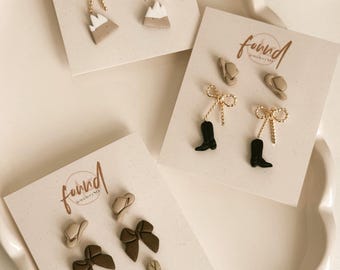 Clay Cowgirl Stud Packs, Boot, Bow, Rope, Cow print, Dangle Earrings, Cowgirl Style