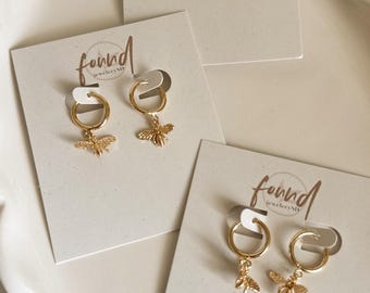 Gold Bee Huggie Hoop Earrings, 18k Gold Plated