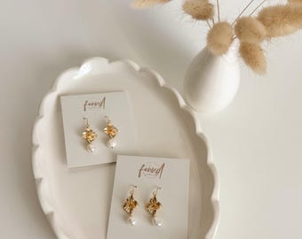 18k Gold Plated Flower Pearl Dangle Earrings: Bridal Wedding