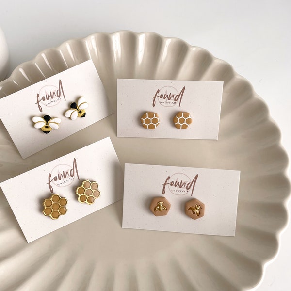 Bee Stud Earrings Collection | Polymer clay, gold plated, bumblebee, hexagon, honeycomb, Bee Honey, Honey drop, Flowers, save the bees