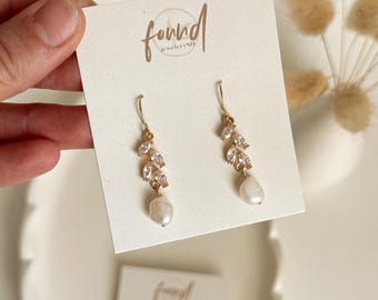 18k Gold Plated CZ Leaf and Pearl Dangle Earrings: Bridal Wedding
