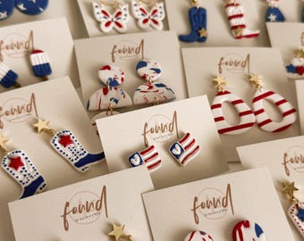 4th of July Earrings Red, White, & Blue Collection | Polymer Clay Earrings, Cowgirl Patriotic
